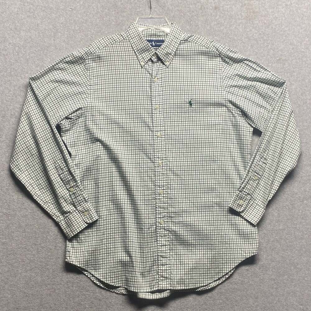 Vintage Ralph Lauren Button Down Shirt Large Green Tattersall Made in Hong Kong